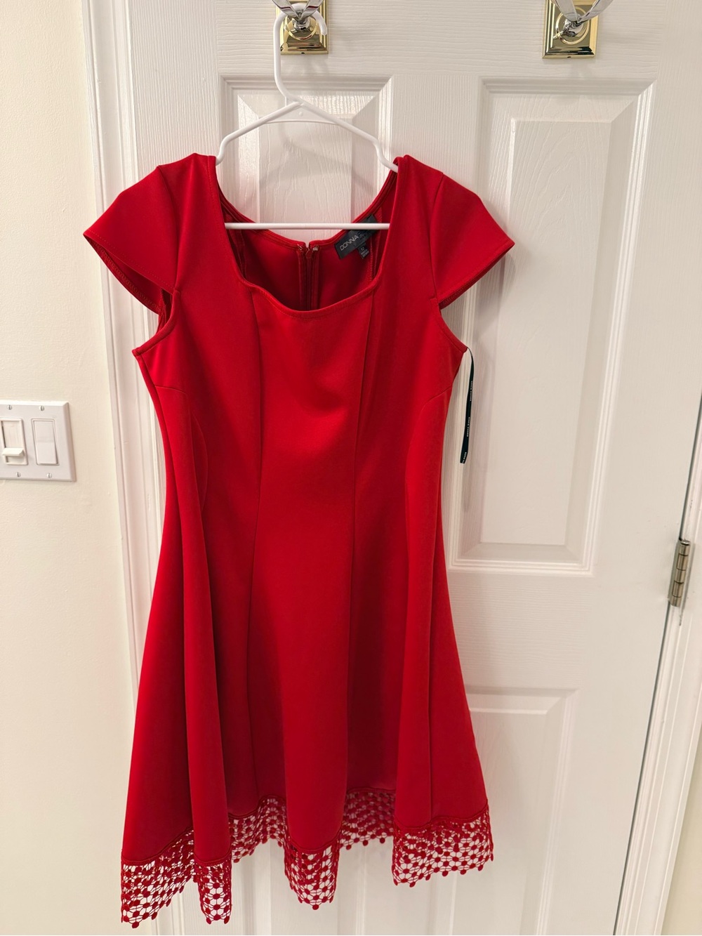 Donna Ricco Red Scoop-Neck Fit & Flare Dress with Crochet Hem